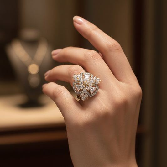 1588-Pretty Precious American Diamond Finger Ring for Women & Girls | Gold Plated AD Ring | Adjustable Elegant Party, Wedding & Daily Wear Jewellery-White