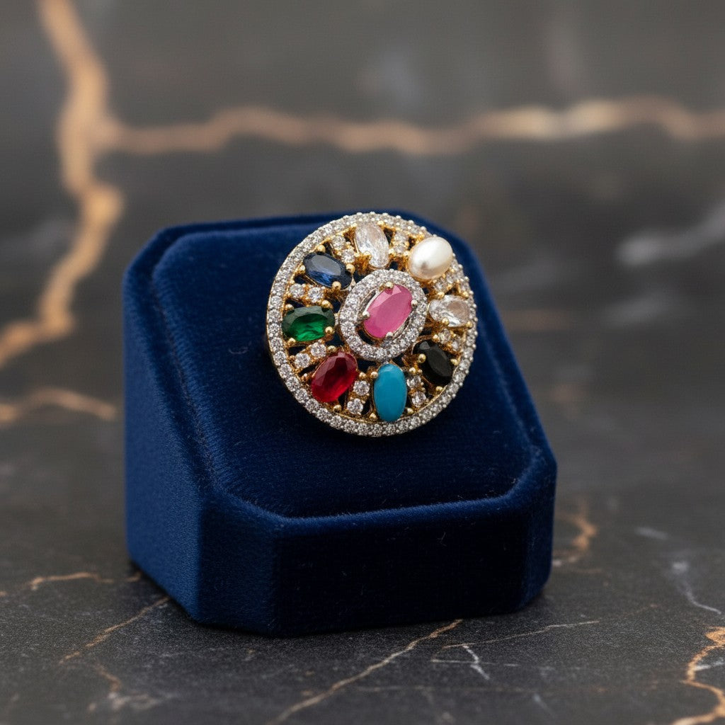 1584-Pretty Precious American Diamond Finger Ring for Women & Girls | Gold Plated AD Ring | Adjustable Elegant Party, Wedding & Daily Wear Jewellery-Multicolour