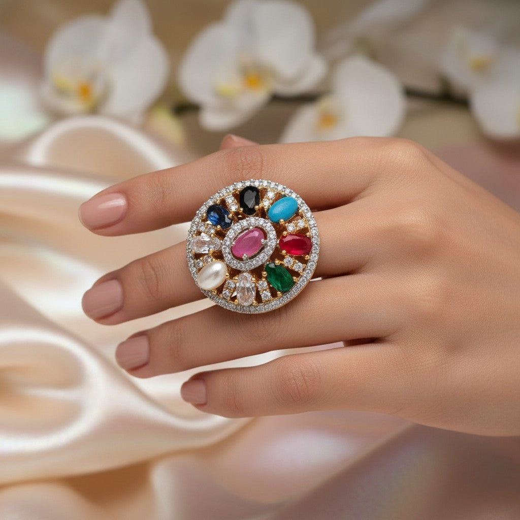 1584-Pretty Precious American Diamond Finger Ring for Women & Girls | Gold Plated AD Ring | Adjustable Elegant Party, Wedding & Daily Wear Jewellery-Multicolour