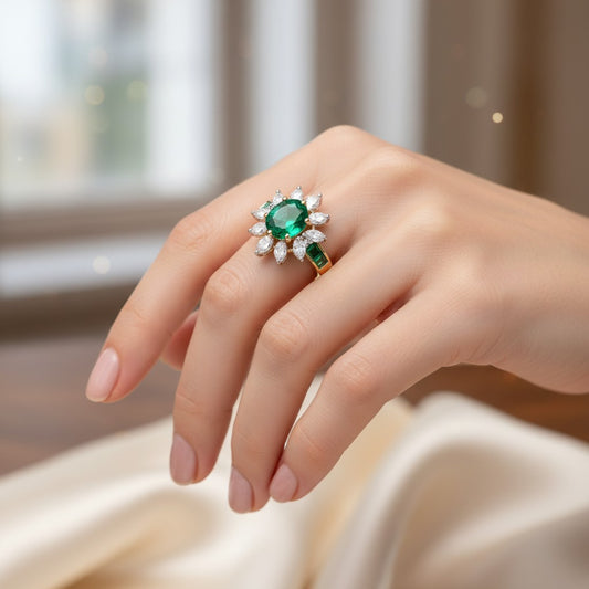1586-Pretty Precious American Diamond Finger Ring for Women & Girls | Gold Plated AD Ring | Adjustable Elegant Party, Wedding & Daily Wear Jewellery-Green