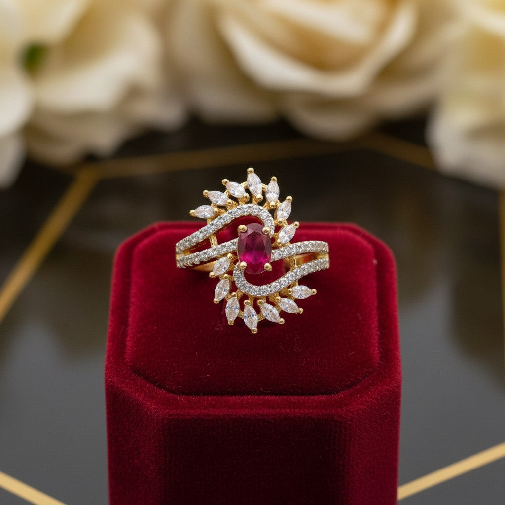 1582-Pretty Precious American Diamond Finger Ring for Women & Girls | Gold Plated AD Ring | Adjustable Elegant Party, Wedding & Daily Wear Jewellery-Ruby