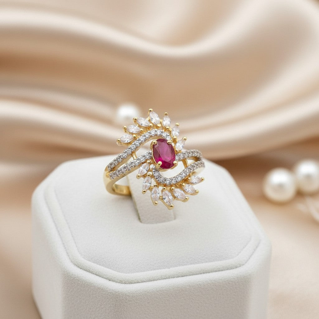 1582-Pretty Precious American Diamond Finger Ring for Women & Girls | Gold Plated AD Ring | Adjustable Elegant Party, Wedding & Daily Wear Jewellery-Ruby