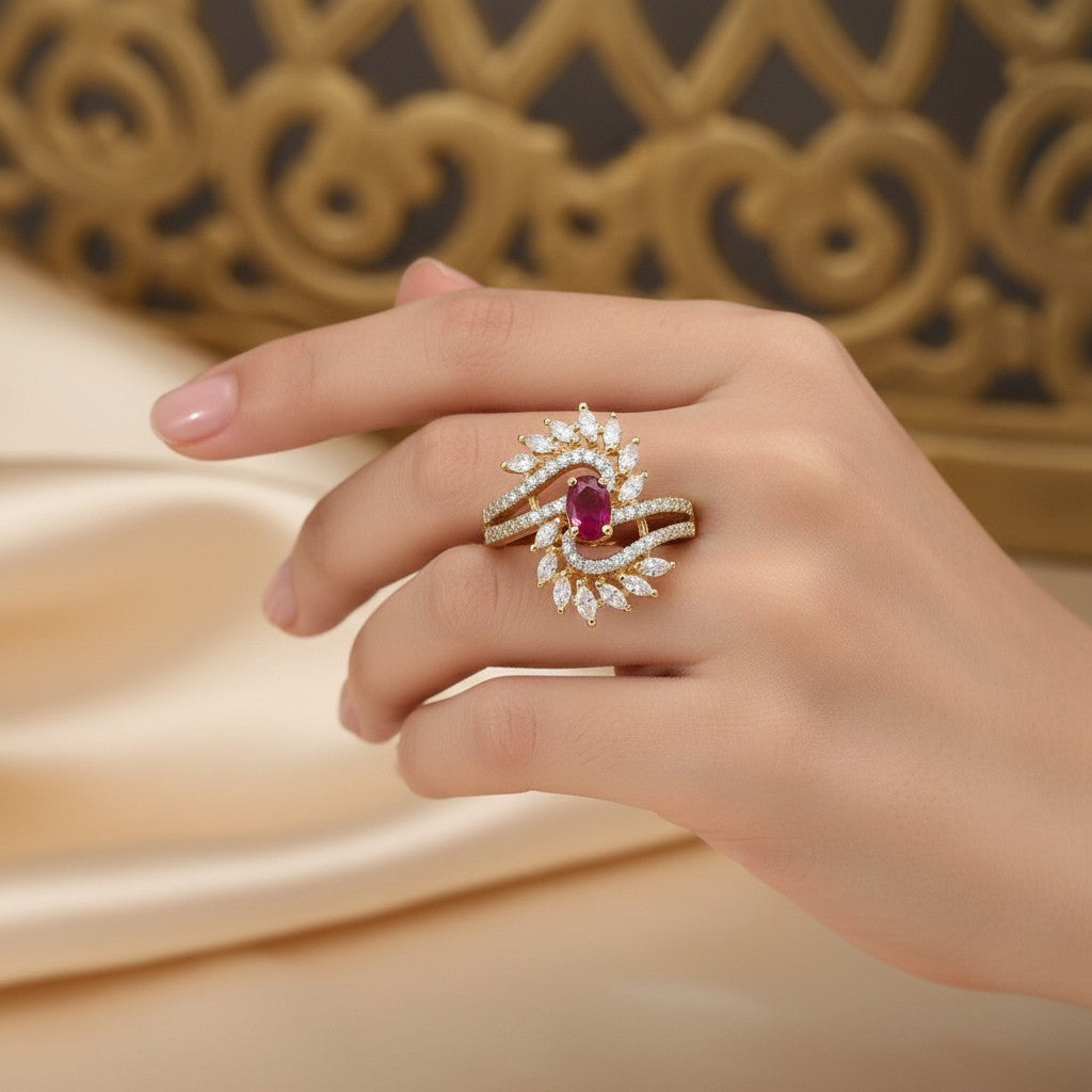 1582-Pretty Precious American Diamond Finger Ring for Women & Girls | Gold Plated AD Ring | Adjustable Elegant Party, Wedding & Daily Wear Jewellery-Ruby