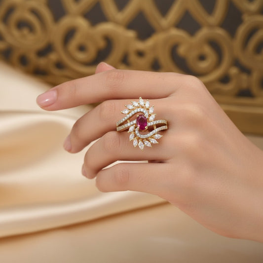 1582-Pretty Precious American Diamond Finger Ring for Women & Girls | Gold Plated AD Ring | Adjustable Elegant Party, Wedding & Daily Wear Jewellery-Ruby