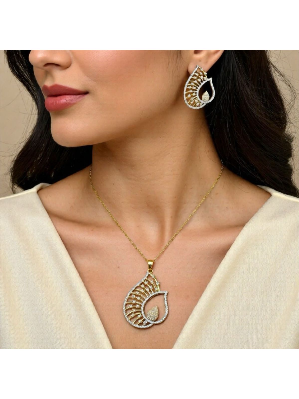 436298-American Diamond Delicate Pendant Set With Gold Plating-White