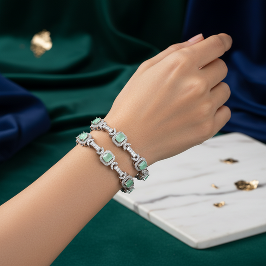 443357-Pretty Precious Rodhium-Plated Cubic Zirconia/American Diamond Traditional Bangles/Bracelet Set of 2 for Women and Girls -Mint (Size 2.6)