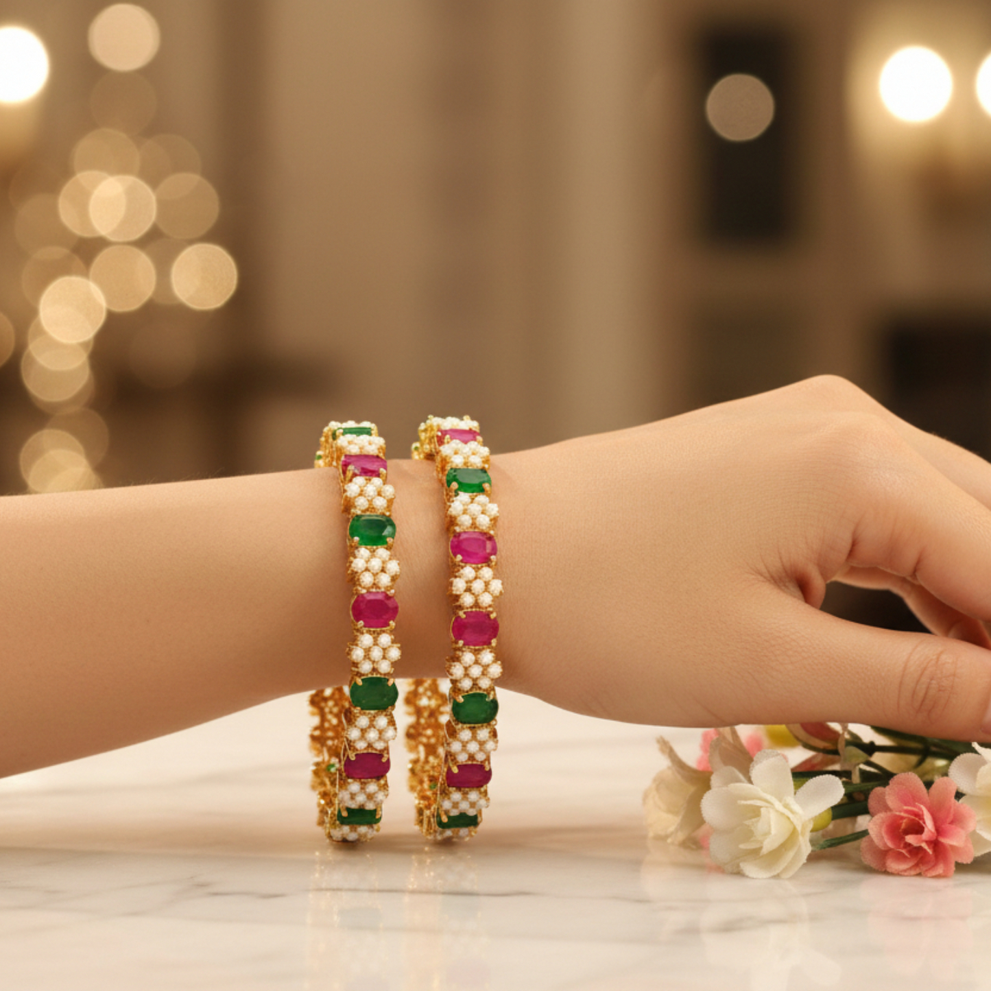 430510-Pretty Precious Gold Plated Cubic Zirconia/American Diamond Traditional Bangles/Bracelet Set of 2 for Women and Girls- Ruby Green (Size 2.4)