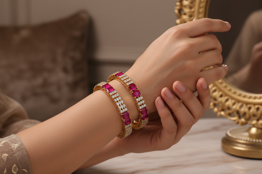 437580-Pretty Precious Gold Plated Cubic Zirconia/American Diamond Traditional Bangles/Bracelet Set of 2 for Women and Girls- Ruby (Size 2.6)