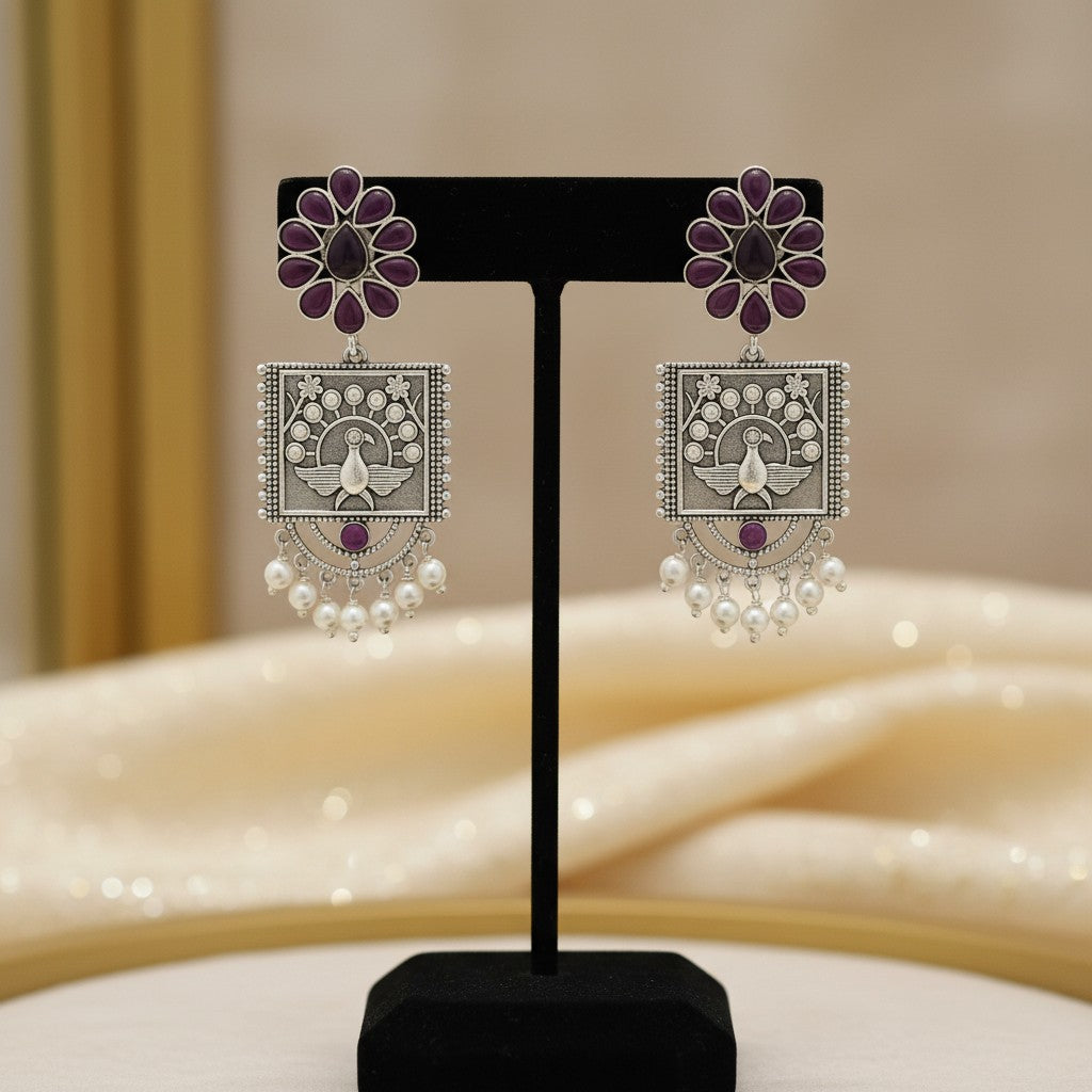 809673 Moti Earring With Oxidised Plating-Ruby