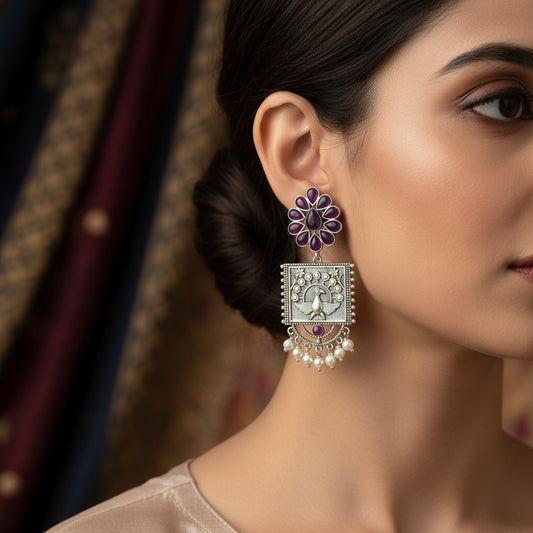 809673 Moti Earring With Oxidised Plating-Ruby
