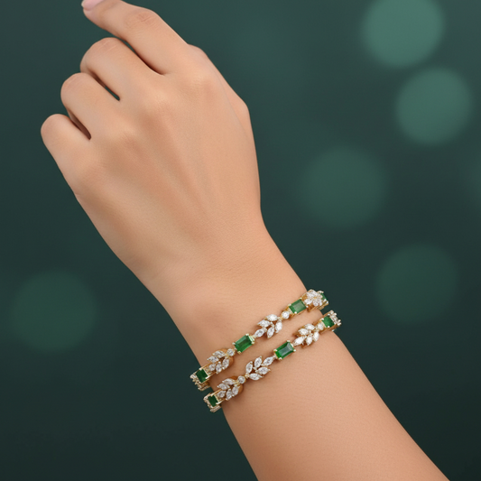443326-Pretty Precious Gold Plated Cubic Zirconia/American Diamond Traditional Bangles/Bracelet Set of 2 for Women and Girls- Green (Size 2.4)