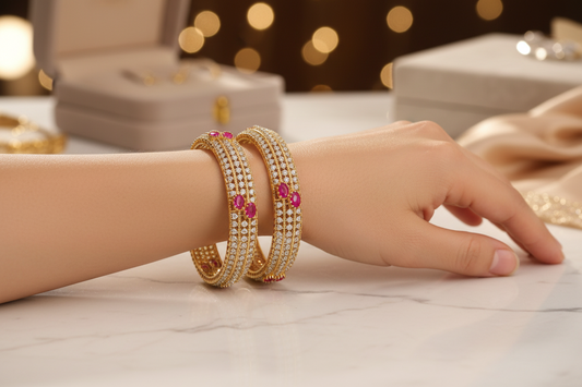 437581-Pretty Precious Gold Plated Cubic Zirconia/American Diamond Traditional Bangles/Bracelet Set of 2 for Women and Girls- Ruby (Size 2.10)