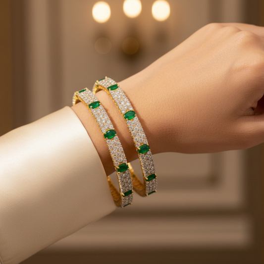 434884-Pretty Precious Gold Plated Cubic Zirconia/American Diamond Traditional Bangles/Bracelet Set of 2 for Women and Girls- Green (Size 2.4)