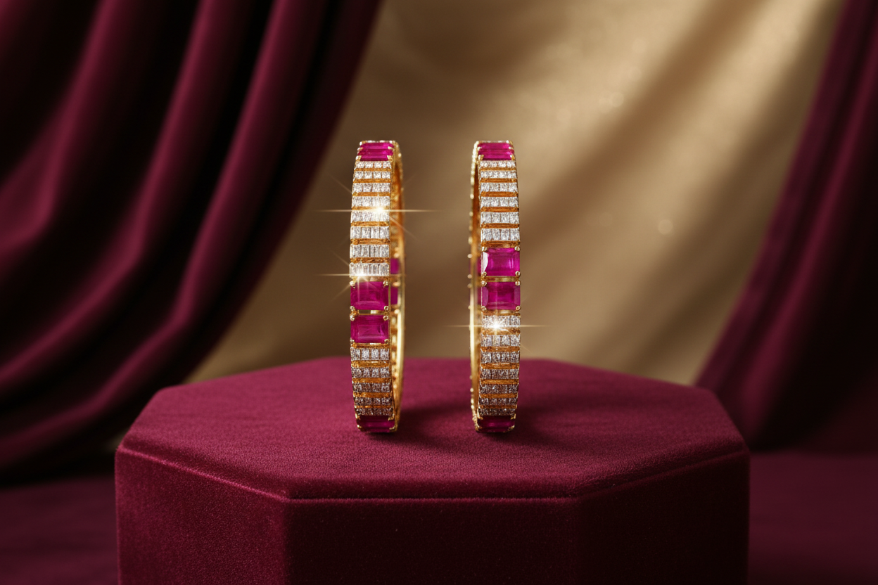 437580-Pretty Precious Gold Plated Cubic Zirconia/American Diamond Traditional Bangles/Bracelet Set of 2 for Women and Girls- Ruby (Size 2.6)