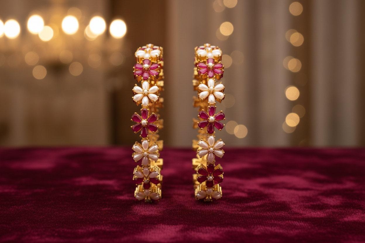 433873-Pretty Precious Gold Plated Cubic Zirconia/American Diamond Traditional Bangles/Bracelet Set of 2 for Women and Girls- Ruby Green (Size 2.8)