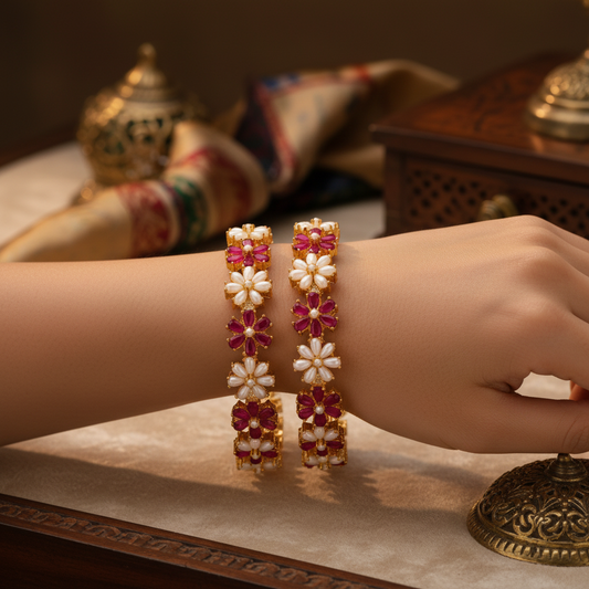 433873-Pretty Precious Gold Plated Cubic Zirconia/American Diamond Traditional Bangles/Bracelet Set of 2 for Women and Girls- Ruby Green (Size 2.8)