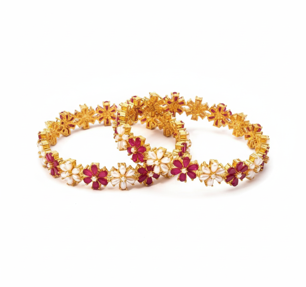 433873-Pretty Precious Gold Plated Cubic Zirconia/American Diamond Traditional Bangles/Bracelet Set of 2 for Women and Girls- Ruby Green (Size 2.8)