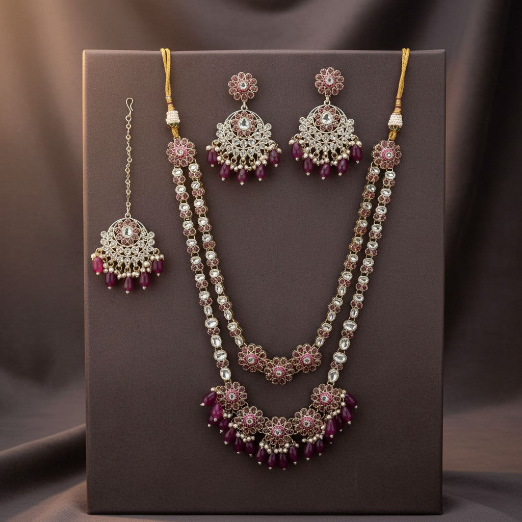 110844 Indo Western Long Necklace With Gold Plating-Purple