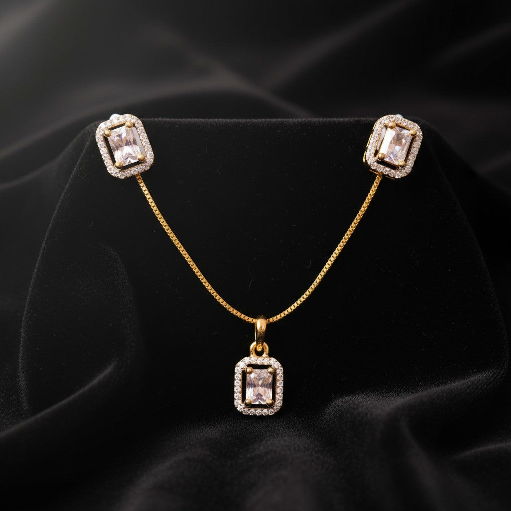 91609-PS-American Diamond Delicate Pendant Set With Gold Plating-Design 4