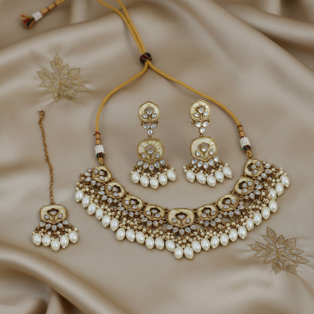 111689 Necklace Set-Indowestern-White