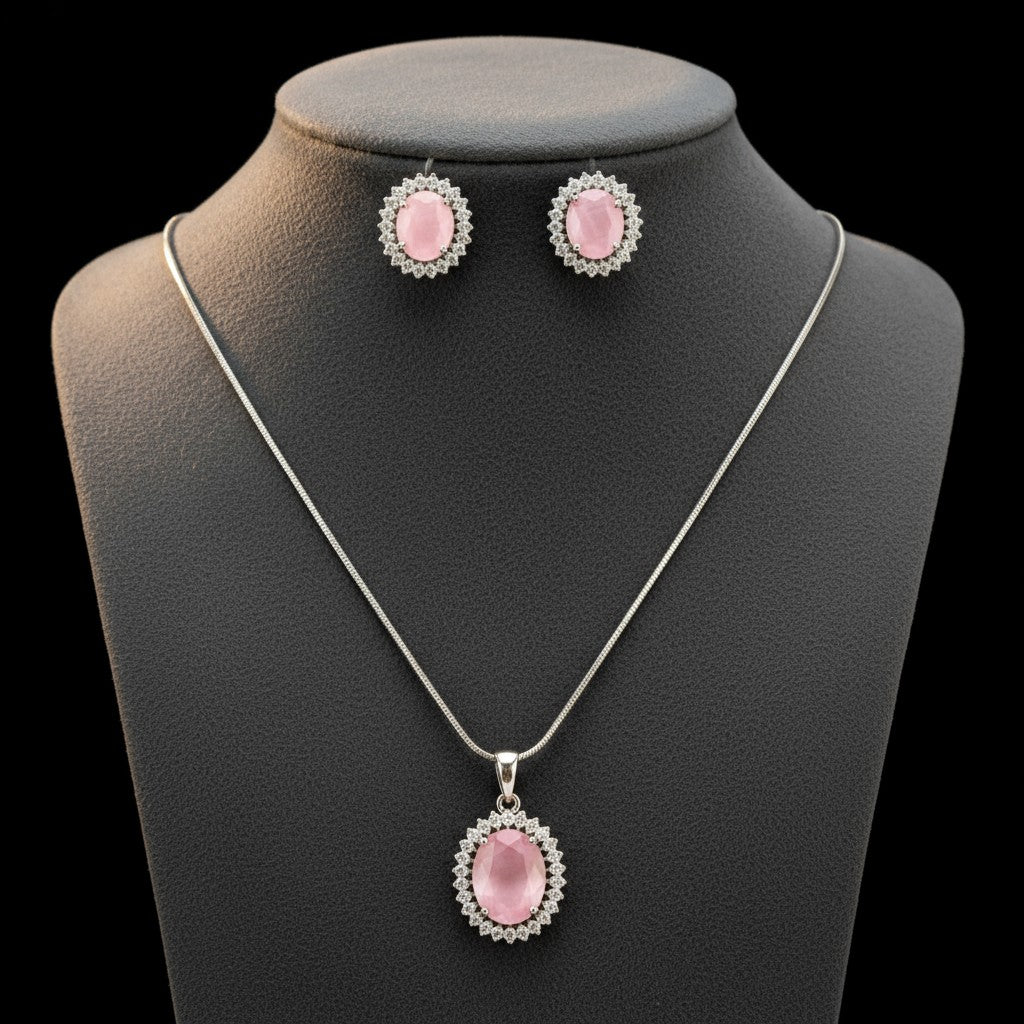 433094-American Diamond Delicate Pendant Set With Rhodium Plating-Pink