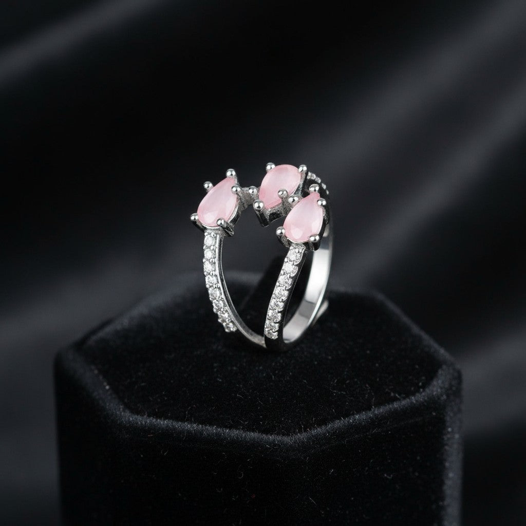 437886 Cubic Zirconia Adjustable Ring With Rhodium Plating-Pink