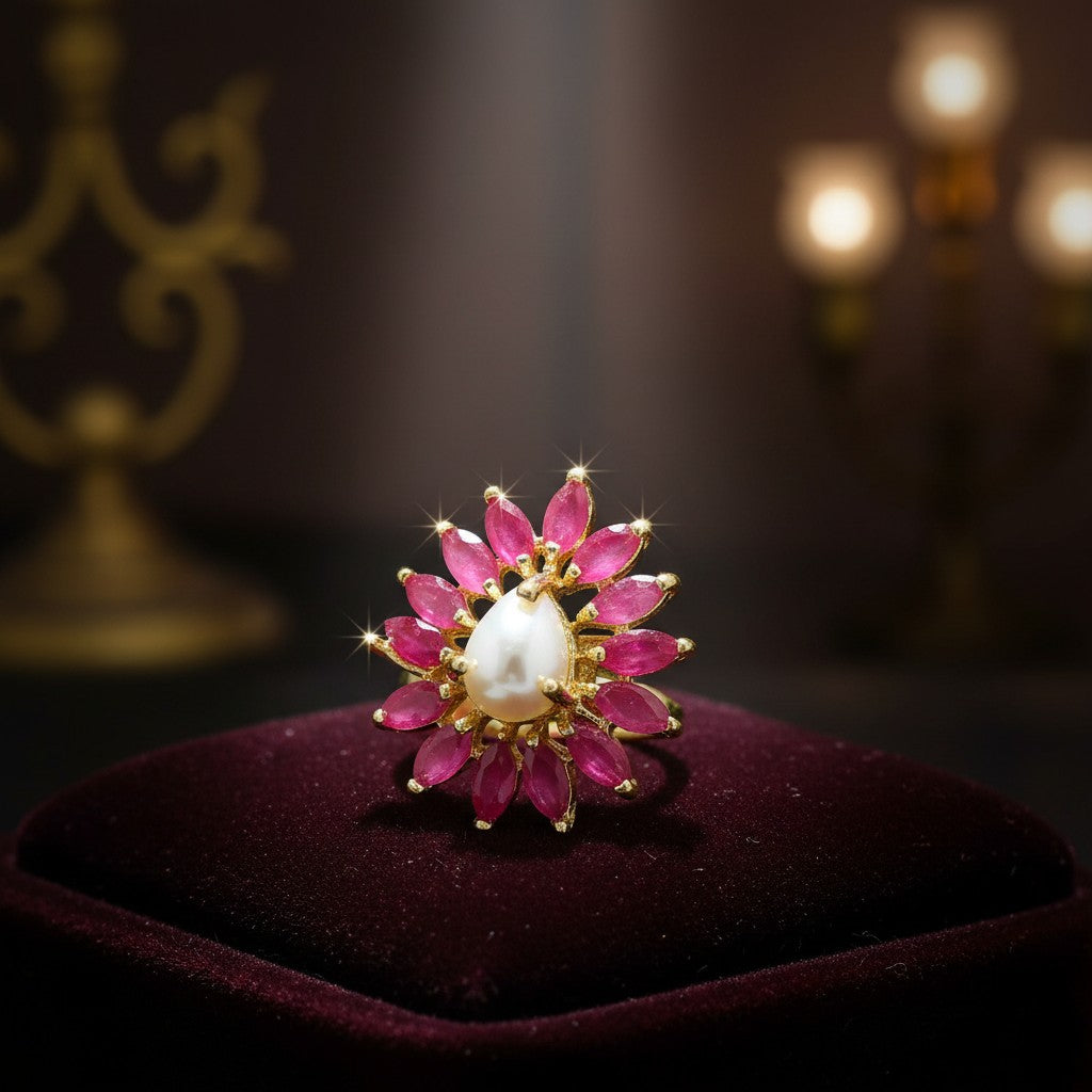 439160 Cubic Zirconia Adjustable Ring With Gold Plating-Ruby