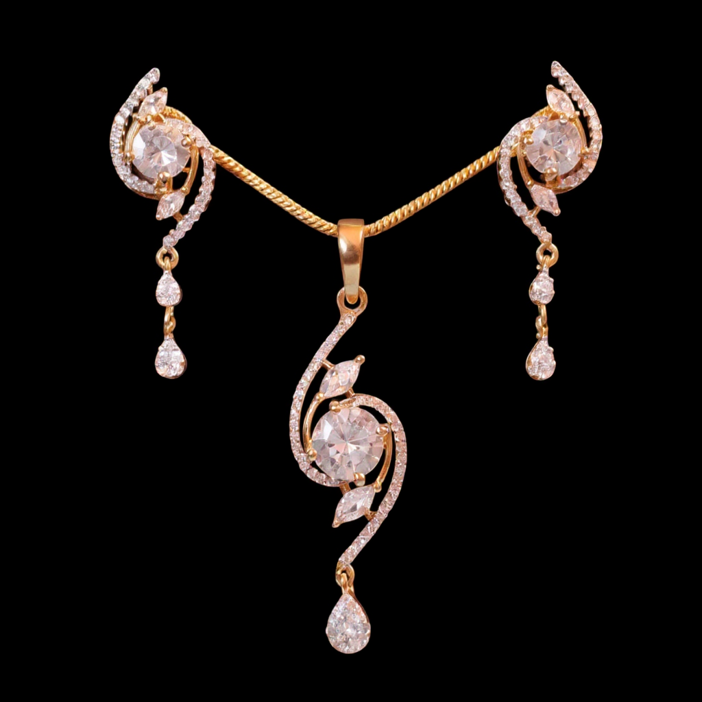93159-PS-American Diamond Delicate Pendant Set With Gold Plating-White