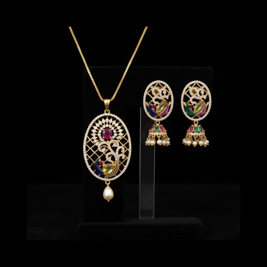 98759-PS-American Diamond Delicate Pendant Set With Gold Plating with Meenakari