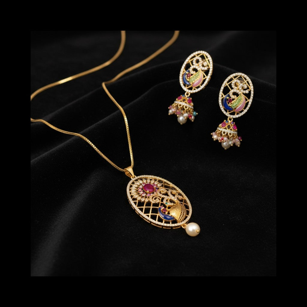 98759-PS-American Diamond Delicate Pendant Set With Gold Plating with Meenakari
