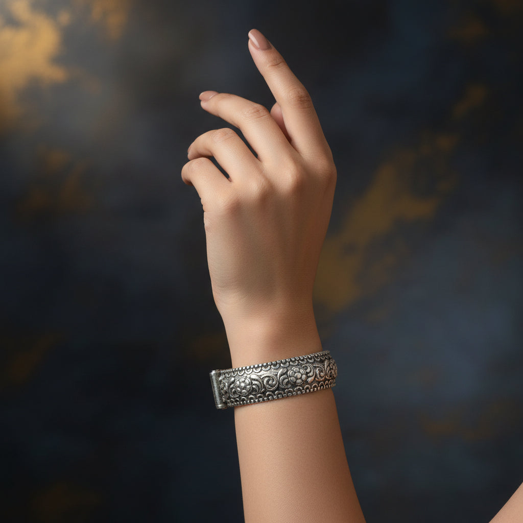 807972-Pretty Precious Oxidised Silver Look Screw Openable Kada Bracelet for Women & Girls | Ethnic & Party Wear Jewellery-Silver