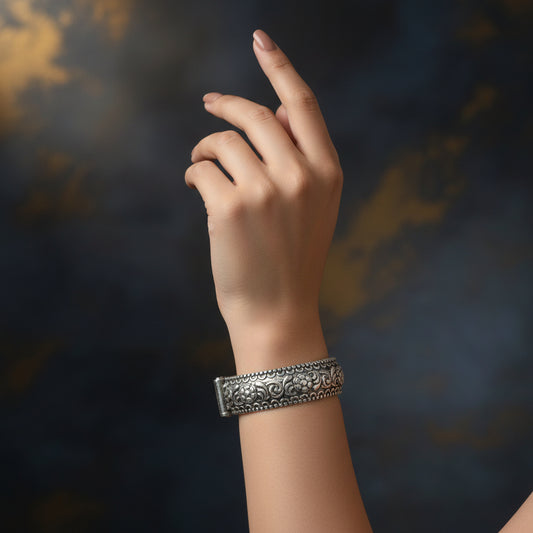 807972-Pretty Precious Oxidised Silver Look Screw Openable Kada Bracelet for Women & Girls | Ethnic & Party Wear Jewellery-Silver