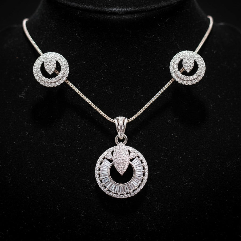 92259-PS-American Diamond Delicate Pendant Set With Rhodium Plating-Design 4