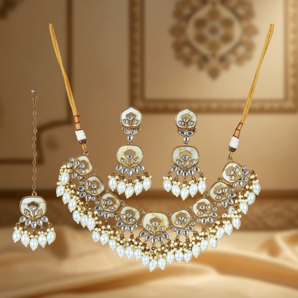 111689 Necklace Set-Indowestern-White