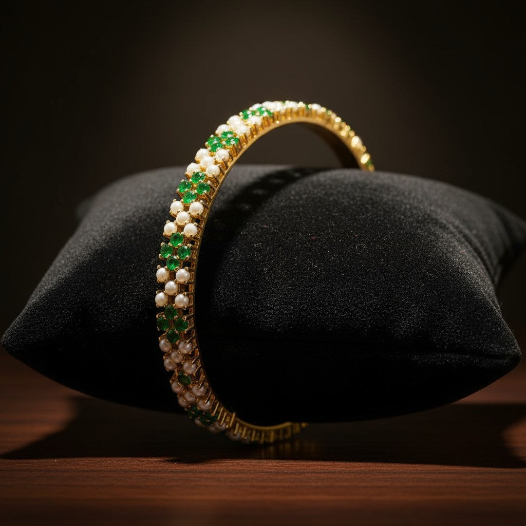 434292 Cz Delicate Kada With Gold Plating-Green