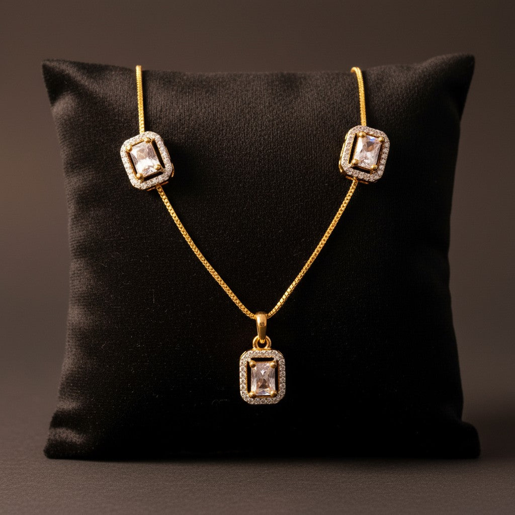 91609-PS-American Diamond Delicate Pendant Set With Gold Plating-Design 4