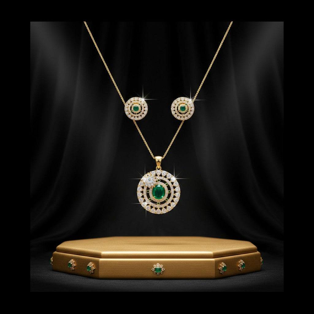 1060-American Diamond Delicate Pendant Set -Green