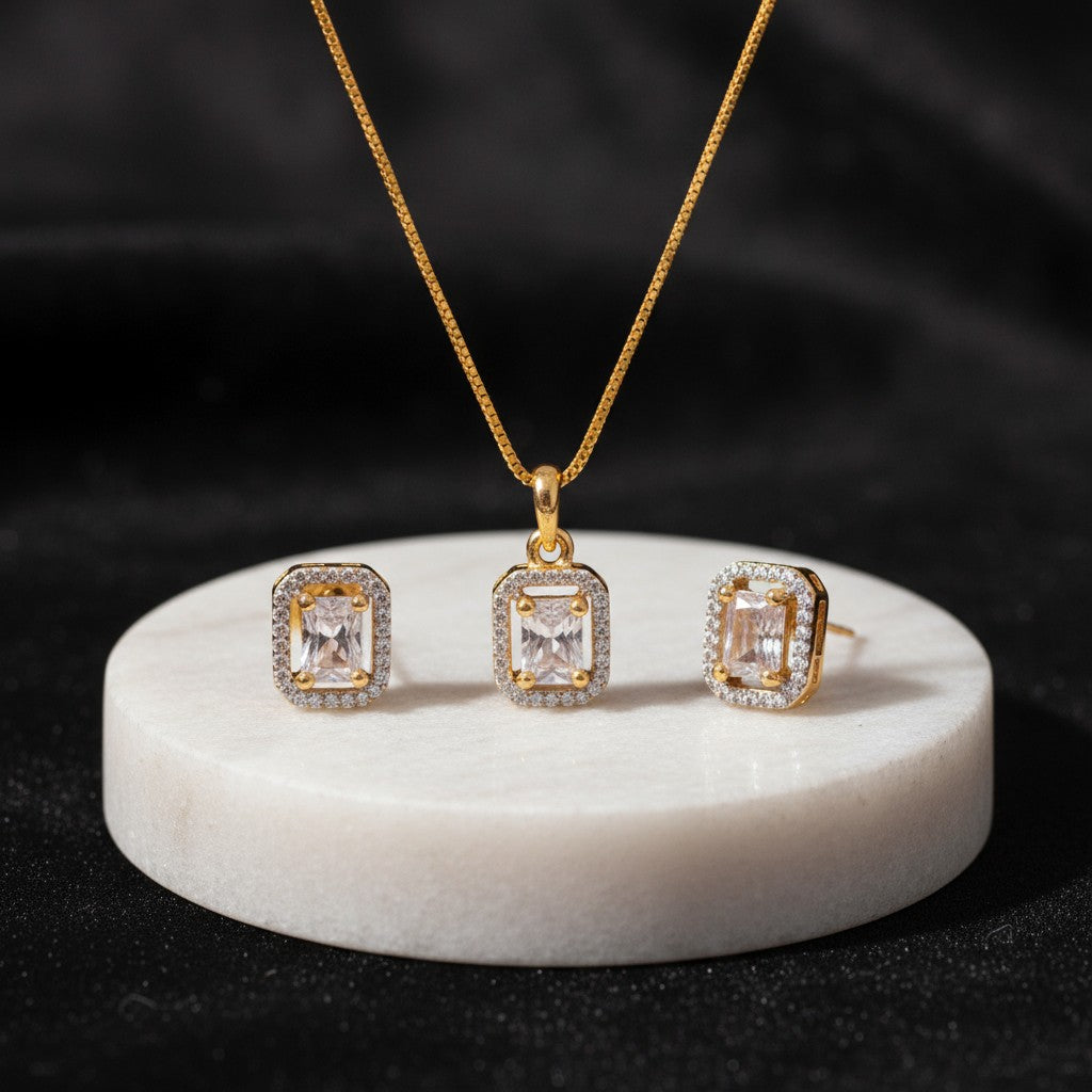 91609-PS-American Diamond Delicate Pendant Set With Gold Plating-Design 4