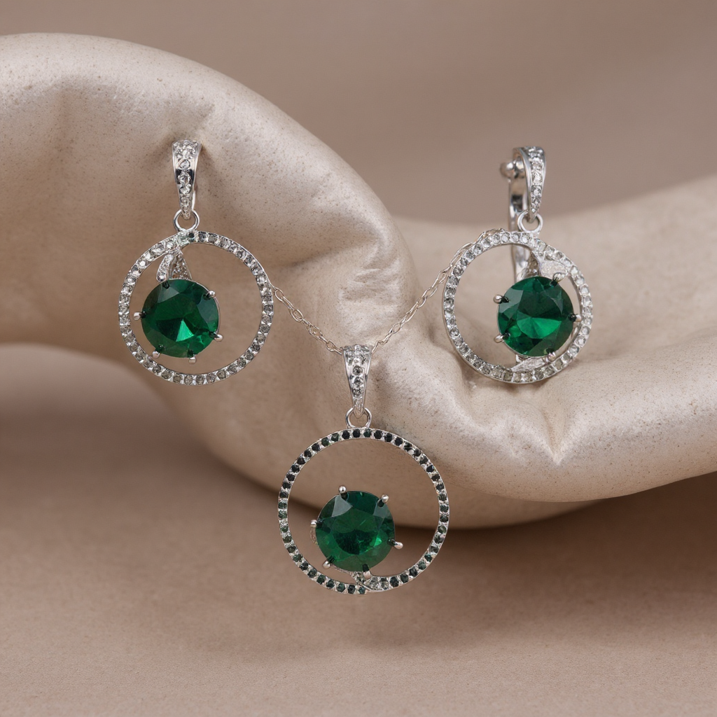 92959-PS-American Diamond Delicate Pendant Set With Rhodium Plating-Green