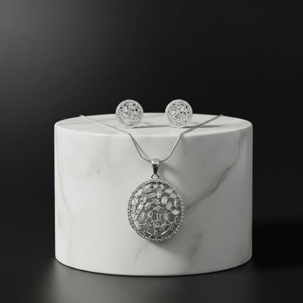 91909-PS-American Diamond Delicate Pendant Set With Rhodium Plating-Design 2