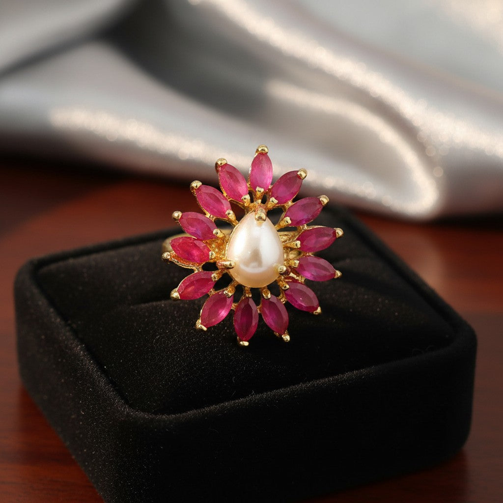 439160 Cubic Zirconia Adjustable Ring With Gold Plating-Ruby