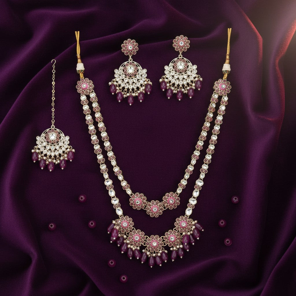 110844 Indo Western Long Necklace With Gold Plating-Purple