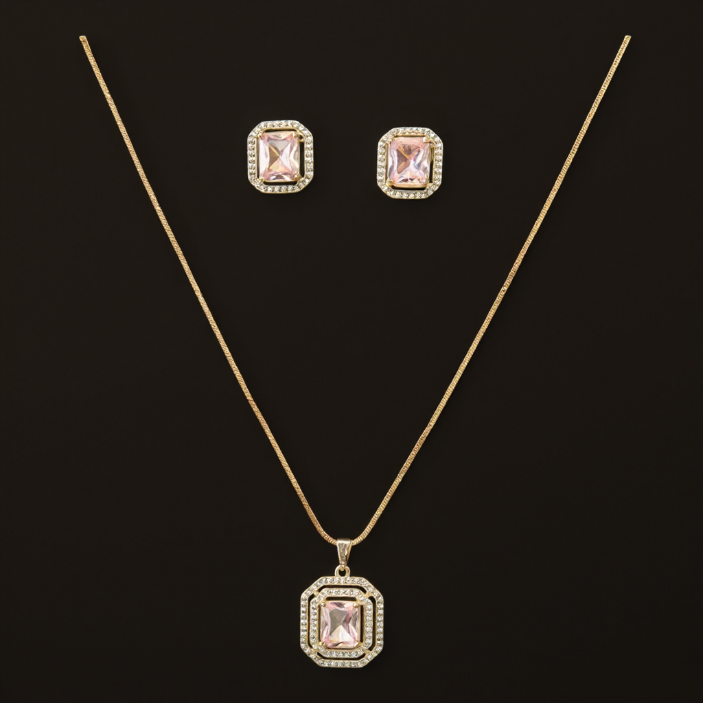 431223-American Diamond Delicate Pendant Set With Gold Plating-Hydra Pink