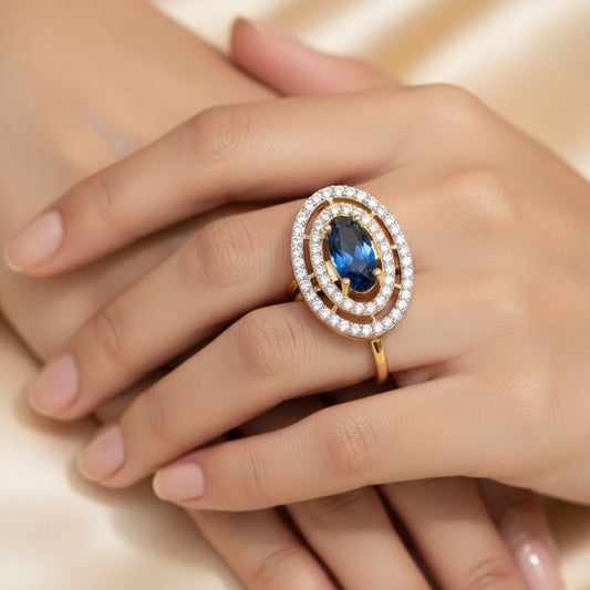 427259-B-Cz Classic Ring With Rhodium Plating-Blue