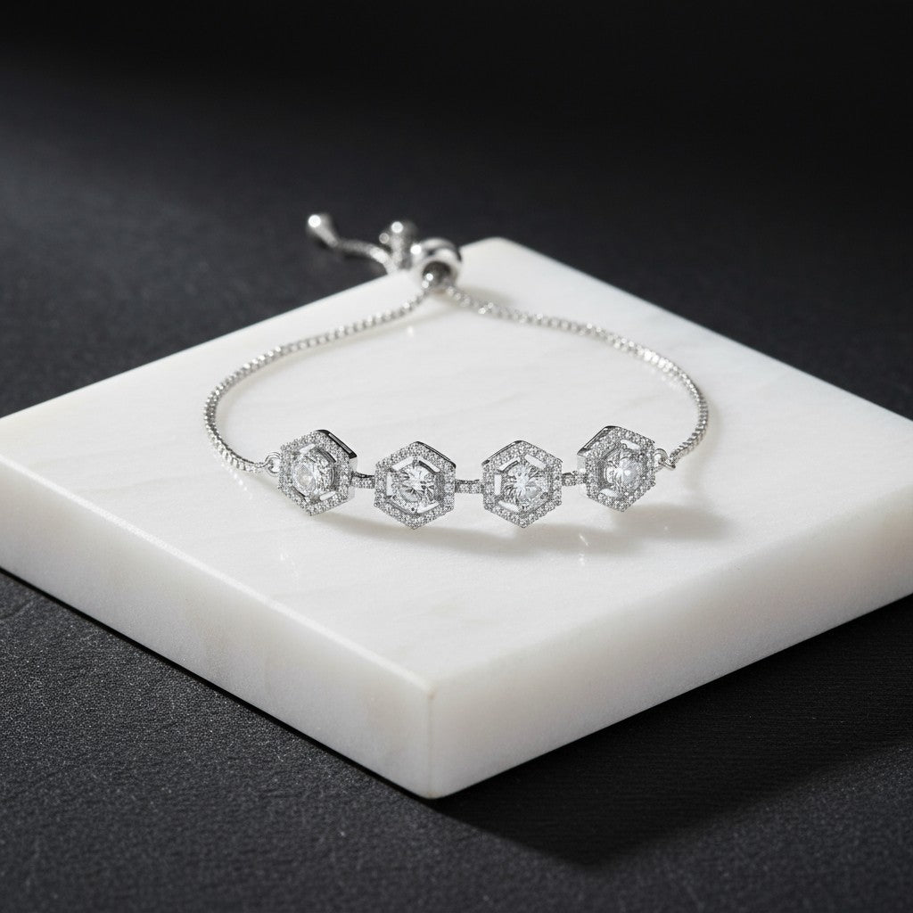 438334 Cz Adjustable Bracelet With 2 Tone Rhodium Plating-Silver