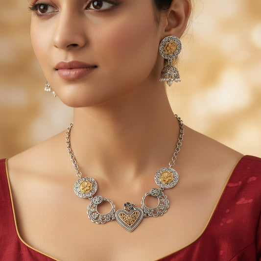 803792 Oxidised Delicate Necklace With 2 Tone Plating