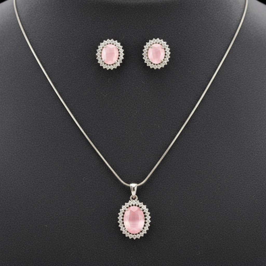 433094-American Diamond Delicate Pendant Set With Rhodium Plating-Pink