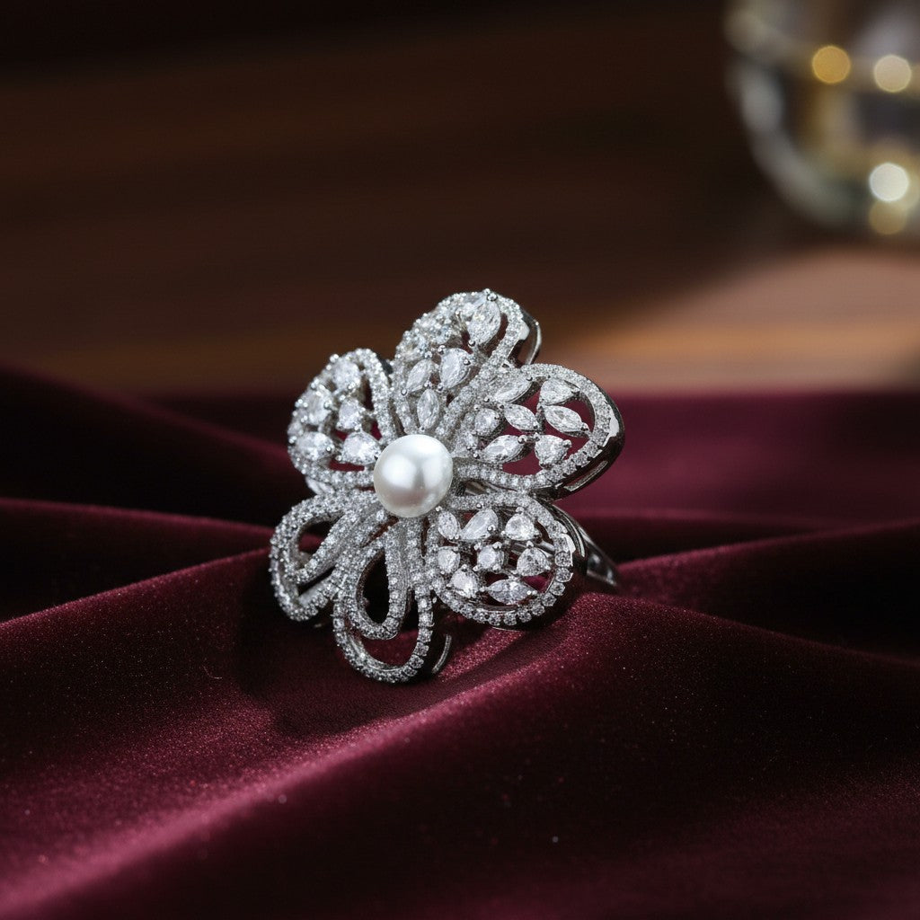 430392-Cubic Zirconia Adjustable Ring With Black 2 Tone Rhodium Plating-Silver