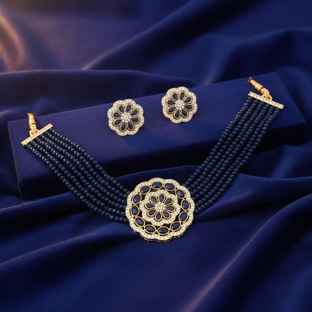 35295 Cz Delicate Chokar Set Dark Blue
