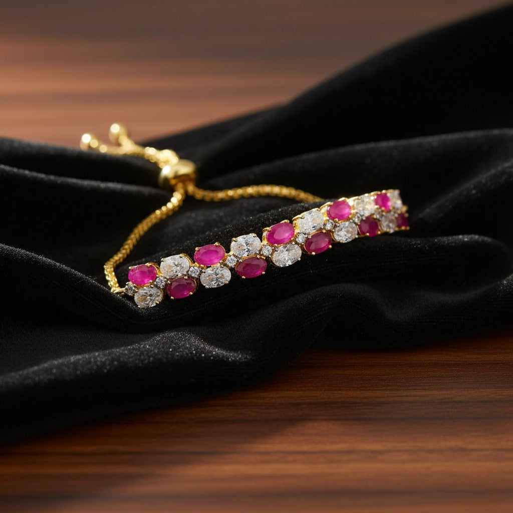 436642 Cubic Zirconia Adjustable Bracelet With 2 Tone Plating-Ruby